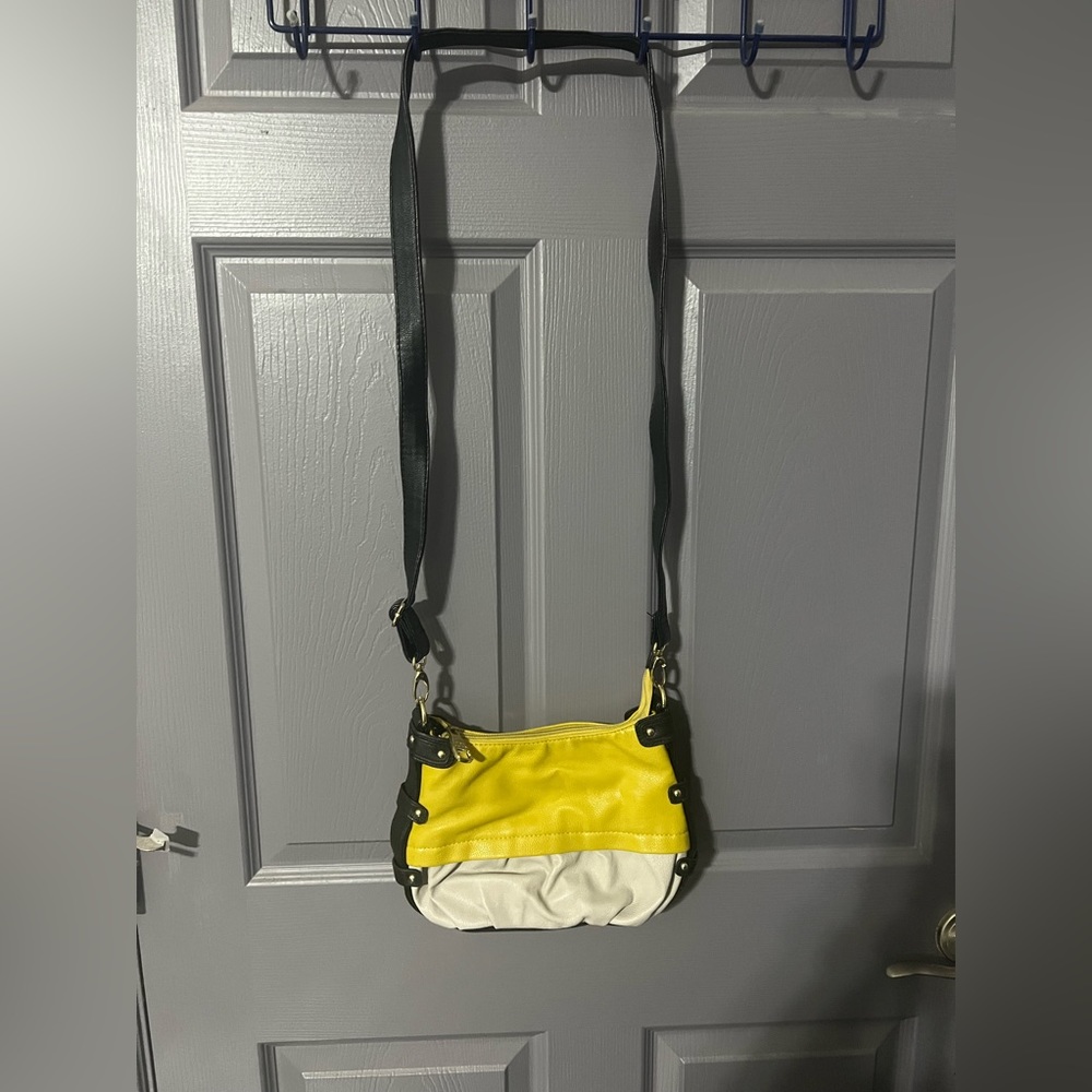 Steve Madden color block leather crossbody black, cream, yellow. Cross posted.